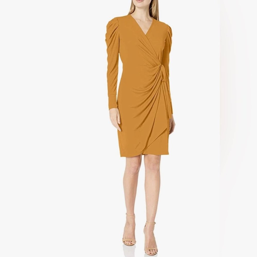 Lark & Po Black V-Neck Long Balloon Sleeve Ruched Wrap Dress Size XXL